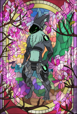 anthro flower machine male plant protogen_armor protogen_visor solo stained_glass itsmapledoe protogen absurd_res hi_res