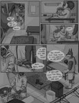 anthro bottomwear clothed clothing dialogue duo hoodie male shirt shorts tank_top text topwear gayrider8 danny_(gayrider8) prince_(gayrider8) canid canine canis dobermann domestic_dog hyena mammal pinscher spotted_hyena 2022 comic english_text hi_res monochrome