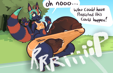 anthro balls big_balls big_penis clothing crouching eye_roll genitals glans huge_penis humanoid_genitalia humanoid_penis hyper hyper_genitalia hyper_penis male penis solo sudden_growth sudden_nudity text torn_clothing wardrobe_malfunction conditional_dnp girl_poss akamai_(akamaithewolf) canid canine canis mammal wolf english_text hi_res