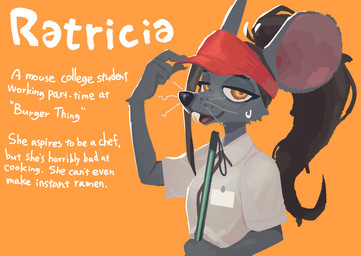 4_fingers anthro bent_whiskers biped brown_hair buckteeth clothed clothed_anthro clothed_female clothing female fingers front_view fur grey_body grey_fur hair hat headgear headwear looking_at_viewer open_mouth simple_background solo teeth text tongue whiskers yellow_eyes el-k ratricia_(el-k) mammal mouse murid murine rodent 2025 absurd_res digital_drawing_(artwork) digital_media_(artwork) english_text hi_res