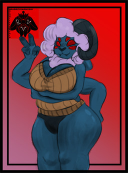 4_arms breasts cleavage cleavage_cutout clothed clothing curled_horn cutout female half_naked horn multi_arm multi_eye multi_limb simple_background smile smiling_at_viewer solo sweater thick_thighs topwear cherryterror bovid caprine demon mammal sheep 2025 detailed hi_res portrait three-quarter_portrait