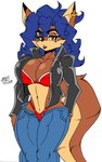 alternate_costume anthro big_breasts blue_hair bottomwear bra breasts brown_body brown_eyes cleavage clothed clothing curvy_figure denim denim_bottomwear denim_clothing ear_piercing ear_ring female glistening glistening_breasts hair hand_on_hip jacket jeans jewelry legwear lipstick long_hair looking_at_viewer makeup markings midriff mole_(marking) mole_under_eye navel open_bottomwear open_clothing open_pants open_topwear panties pants piercing red_bra red_clothing red_lipstick red_panties red_underwear ring_piercing solo tail thick_thighs topwear unbuttoned unbuttoned_pants underwear visible_underwear voluptuous wide_hips zhengfox sly_cooper_(series) sony_corporation sony_interactive_entertainment sucker_punch_productions carmelita_fox canid canine fox mammal 2020 artist_name hi_res signature