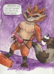 anthro balls brown_body brown_fur dildo fur genitals male nude sex_toy solo strapon tail teeth text cinder_bh bad_dragon guardians_of_the_galaxy marvel marvel_rivals rocket_raccoon mammal procyonid raccoon absurd_res english_text hi_res