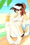 4_toes 5_fingers anthro beach beverage bikini bikini_top biped bottomwear breasts brown_eyes brown_hair chest_tuft claws clothed clothed_anthro clothed_female clothing cloud countershade_torso countershading day ear_piercing feet female fingernails fingers fur hair handpaw holding_beverage holding_glass holding_object inflatable inner_tube looking_at_viewer medium_breasts multicolored_hair nails orange_hair outside palm_tree paws piercing plant sand sitting sky smile solo swimwear tail tan_body tan_fur tan_tail thick_thighs toe_claws toes tongue tongue_out towel tree tuft two-piece_swimsuit under_boob water wide_hips wolflady danika_(wolflady) canid canine canis domestic_dog mammal 2025 digital_media_(artwork)