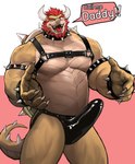 2022 2_horns anthro armband beard biceps bowser bracelet bulge claws clothed clothing collar daddy_kink dialogue dominant dominant_male dopq english_text erection erection_under_clothing facial_hair gesturing_at_viewer hair harness hi_res horn jewelry jockstrap koopa latex leather leather_clothing leather_harness looking_at_viewer male manly mario_bros muscular muscular_anthro muscular_arms muscular_male nintendo pecs red_beard red_facial_hair red_hair scalie shell simple_background solo speech_bubble spiked_armband spiked_bracelet spiked_collar spiked_shell spikes spikes_(anatomy) standing tail text underwear