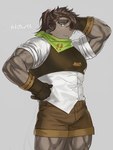 2_horns anthro biped brown_body brown_eye brown_eyebrows brown_fur brown_hair clothed clothing eyebrows fur grey_background hair horn male muscular muscular_anthro muscular_male muscular_thighs simple_background solo ch1du lifewonders tokyo_afterschool_summoners catoblepas_(tas) catoblepas 2021 colored hi_res