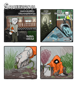 4_panel_comic anthro bucket building clothed clothed_anthro clothed_male clothing coat container flashlight fully_clothed fully_clothed_anthro fully_clothed_male fur inner_monologue male outside plant raincoat raining safety_vest sewer solo tail text thinking topwear vest walking white_body white_fur hieronymusjohnson squeez_(hieronymusjohnson) canid canine canis domestic_dog mammal nordic_sled_dog samoyed spitz 2025 aliasing binary_drawing comic digital_drawing_(artwork) digital_media_(artwork) english_text hi_res