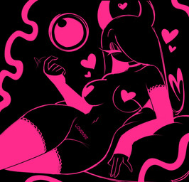 arm_warmers armwear big_breasts breasts clothing eyebrows female heart_symbol horn legwear lying on_side pink_body solo thick_eyebrows thick_thighs thigh_highs puppysnackz humanoid hi_res