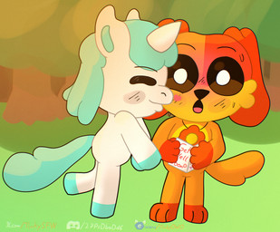 anthro black_eyes blue_hair blush blush_lines bodily_fluids card charm_(jewelry) duo ears_back ears_down eyes_closed female fur hair heart_symbol horn jewelry kissing kissing_cheek male necklace orange_body orange_fur outside pivoted_ears plant pupils raised_tail sweat sweatdrop tail text tree unicorn_horn white_body white_fur white_pupils tinky mob_entertainment mythology poppy_playtime smiling_critters craftycorn dogday_(poppy_playtime) canid canine canis domestic_dog equid equine mammal mythological_creature mythological_equine unicorn hi_res url