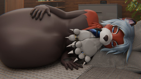 anthro barefoot bed bedroom blue_hair brown_body brown_fur curling_tail curling_toes digit_ring duo feet fur furniture hair hindpaw inside jewelry lying on_bed on_side oral_vore paws ring swallowing tail toe_ring toes vore willing_prey dyrmun dyrmun_(character) toshi 16:9 3d_(artwork) digital_media_(artwork) hi_res widescreen
