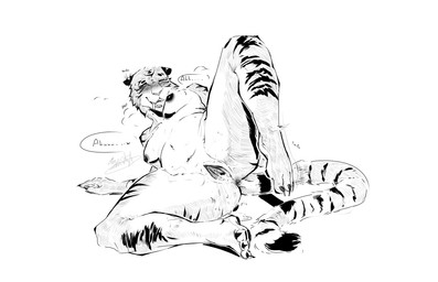 after_sex anthro anus blush bodily_fluids breasts breath butt claws cum cum_in_vagina cum_inside female genital_fluids genitals looking_at_viewer looking_pleasured nipples nude panting presenting presenting_vulva smile solo spread_legs spreading striped_body stripes sweat tail text toe_claws vaginal_fluids vulva swerdgh3415 felid feline mammal pantherine tiger 2023 digital_drawing_(artwork) digital_media_(artwork) hi_res monochrome signature