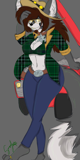 anthro biped bottomwear breasts car clothing cowboy_hat crossgender digit_ring feet female flannel_shirt fur hair hat headgear headwear jewelry long_hair pants ring small_waist smile solo southern tail teeth thick_thighs tight_bottomwear tight_clothing tight_pants toe_ring toes vehicle wide_hips huntercheshire_(artist) renee_coyote_(character) stuart_k_reilly_(character) canid canine canis coyote mammal absurd_res digital_media_(artwork) hi_res