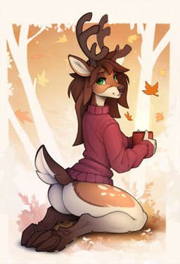 anthro antlers autumn autumn_leaves bottomless bottomless_anthro bottomless_female breasts brown_hair butt casual_exposure closed_smile clothed clothed_anthro clothed_female clothing container countershade_face countershade_fur countershade_neck countershade_tail countershading cup dewclaw_hooves ears_up eyebrows eyelashes falling_leaves female fingers forest fur green_eyes hair holding_container holding_cup holding_object hooves horn kneeling leaf long_hair looking_at_viewer looking_back looking_back_at_viewer mouth_closed no_underwear outside plant rear_view scut_tail short_tail smile smiling_at_viewer solo sweater sweater_only tail topwear topwear_only tree underhoof yakovlev-vad deer mammal new_world_deer reindeer 2023 absurd_res digital_media_(artwork) hi_res