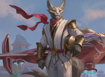 aircraft airplane anthro armor biped building fur grey_body grey_fur headgear helmet holding_armor holding_headgear holding_helmet holding_object japanese_architecture leaf male markings outside red_markings scarf sky solo standing tail vehicle joseph_weston hasbro magic:_the_gathering wizards_of_the_coast canid mammal 2022 hi_res official_art