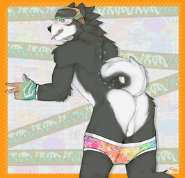 anthro anus backsack balls black_body black_fur blush breath brown_eyes butt butt_heart clothing countershading curled_tail eyewear eyewear_on_head freckles fur genitals gloves goggles goggles_on_head handwear heart_freckles male panting pattern_clothing pattern_underwear presenting presenting_anus presenting_hindquarters smile solo tail tattoo tongue tongue_out underwear white_body white_countershading white_fur cerberussenn riko_cahya_(cerberussenn) canid canine canis domestic_dog husky mammal nordic_sled_dog siberian_husky spitz signature