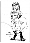 anthro big_breasts border bottomwear breasts cargo_shorts clothing digitigrade female field gloves_(marking) markings midriff outside shirt shorts smile solo tail text text_on_clothing text_on_topwear topwear torn_clothing torn_topwear white_border kencougr baxtrr canid canine fox mammal 1994 black_and_white cross-hatching full-length_portrait hatching_(art) line_art monochrome pen_(artwork) portrait shaded traditional_media_(artwork)