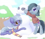 brown_eyes clothing cutie_mark duo female feral grey_hair hair outside plant purple_eyes quadruped rock scarf snow snowing snowman sweater tail topwear tree white_hair bukoya friendship_is_magic hasbro my_little_pony limestone_pie_(mlp) marble_pie_(mlp) earth_pony equid equine horse mammal pony 2012 hi_res