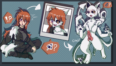 anthro black_clothing black_shirt black_topwear bottomwear breasts clothing female forced forced_transformation ftm_transformation gender_symbol gender_transformation goo_transformation hair human_to_anthro male male_symbol red_hair shirt solo species_transformation symbol tentacles topwear transformation white_tentacles yellow_eyes rataros changed_(video_game) squid_dog_(changed) canid felid human mammal