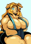 anthro arm_tuft arm_under_breasts biceps big_breasts blonde_hair blue_background braided_hair braided_ponytail breast_rest breast_squeeze breast_squish breasts chest_tuft clothing crossed_arms elbow_tuft female floppy_ears fur hair huge_breasts long_hair looking_at_viewer muscular muscular_female one-piece_swimsuit one_eye_closed pecs pecs_with_breasts ponytail simple_background sitting skindentation sling_bikini smile snaggle_tooth solo squeezing squish swimwear tan_body tan_fur thick_thighs tuft wide_hips wink winking_at_viewer apsel_bluestar dog_knight_rpg jeane_(ceehaz) bird_dog canid canine canis domestic_dog golden_retriever hunting_dog mammal retriever 2024 hi_res