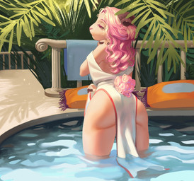 anthro bath bathhouse bovid_horn butt caprine_horn clothed clothing eyelashes femboy fence fully_clothed fur hair horn leaf male partially_clothed partially_submerged pillow pink_hair plant ram_horn solo swimming_pool tree water white_body white_fur marycitrus bovid caprine mammal sheep