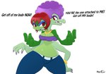 2_heads 3_breasts 4_arms afro annoyed anthro bottomwear breasts clothing conjoined dialogue green_body hair implied_transformation multi_arm multi_breast multi_head multi_limb open_mouth pants purple_hair red_eyes simple_background solo text white_background wide_hips hyperflannel donkey_kong_(series) nintendo fernanda_(hyperflannel) kalypso crocodilian reptile scalie turtle 2023 absurd_res english_text hi_res