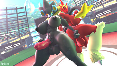 anthro areola balls big_breasts black_areola black_nipples breasts duo genitals gynomorph huge_breasts intersex nipples nude penis red_areola red_nipples rayhuma disembowell_(modeler) nintendo pokemon pokemon_snap_xxx blaziken generation_3_pokemon generation_4_pokemon luxray pokemon_(species) 2022 3d_(artwork) digital_media_(artwork) source_filmmaker_(artwork)
