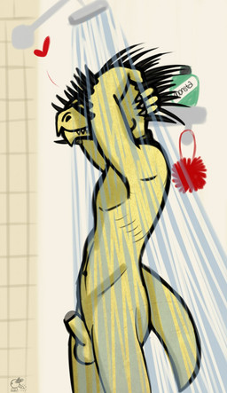 animal_genitalia anthro arm_quills balls bathing fully_sheathed genitals heart_symbol male non-mammal_balls non-mammal_sheath nude quill_hair sheath short_tail shower showering side_view solo tail water fhirefly halo_(series) microsoft xbox_game_studios alien kig-yar ruuhtian scalie colored hi_res
