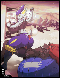 abs anthro anthro_on_anthro big_breasts big_butt bra breasts butt clothing duo erection exercise female genitals gym hot_dogging male muscular penis sex sexercise sol_doliodos sports_bra underwear d-day dnp101 dragonofdarkness1992 nintendo pokemon fan_character cinderace generation_5_pokemon generation_8_pokemon pokemon_(species) zoroark hi_res