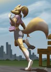 anthro athletic athletic_anthro athletic_female bench city city_background clothing female park park_bench pawpads paws purse solo walking bluevanilla_(artist) bandai_namco digimon canid digimon_(species) mammal renamon absurd_res hi_res