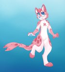 ambiguous_gender anthro blue_background blue_eyes blue_inner_ear blue_nose blue_pawpads blue_whiskers digitigrade eyelashes featureless_crotch fin fur gradient_background head_tuft heart_(marking) inner_ear_fluff looking_at_viewer markings nude pawpads pink_body pink_fur pink_spots simple_background snout solo spots spotted_body spotted_fur tail tail_fin tuft whiskers white_body white_fur white_inner_ear_fluff mintychipart minty_(mintychipart) canid canine canis domestic_dog fish husky hybrid mammal marine nordic_sled_dog shark spitz 2021 digital_drawing_(artwork) digital_media_(artwork) full-length_portrait hi_res krita_(artwork) portrait shaded soft_shading female_(lore)