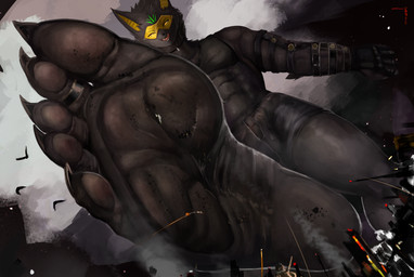 5_toes anthro barefoot black_body black_pawpads city claws digit_ring feet foot_focus humanoid_feet jewelry low-angle_view macro male pawpads paws plantigrade ring solo toe_ring toes worm's-eye_view solutionwcs bastet_(solutionwcs) deity felid feline mammal