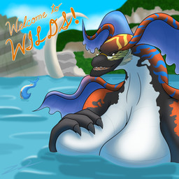 anthro big_breasts black_body black_sclera breasts claws eyewear female front_view glasses grey_claws hand_on_chest huge_breasts open_mouth partially_submerged red_body sharp_teeth solo teeth text white_body white_eyes zodiac-z2 capcom monster_hunter leviathan_(mh) uth_duna 1:1 absurd_res hi_res