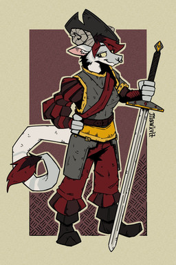 anthro armor belt boots clothing ears_back facial_piercing female footwear hat headgear headwear holding_melee_weapon holding_object holding_sword holding_weapon horn long_tail melee_weapon nose_piercing nose_ring piercing pivoted_ears ring_piercing shoes solo sword tail weapon wearing_hat mawkvlt 2:3 hi_res