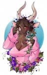 anthro breasts brown_body brown_fur brown_hair cleavage clothed clothing female flower fur green_eyes hair horn looking_at_viewer plant shirt simple_background smile solo sweater topwear white_background venusflowerart unknown_species 2016 hi_res