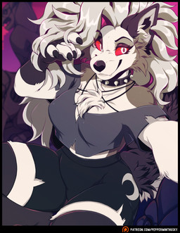 5_fingers anthro black_nose bottomwear breasts claws clothed clothed_anthro clothed_female clothing collar crop_top fangs female finger_claws fingerless_gloves fingers fur gloves grey_body grey_fur grey_hair hair handwear humanoid_hands looking_at_viewer red_sclera shirt shorts smile solo spiked_collar spikes teeth topwear white_body white_eyes white_fur aycee hellaverse helluva_boss mythology loona_(helluva_boss) canid canid_demon canine demon hellhound mammal mythological_canine mythological_creature hi_res portrait three-quarter_portrait