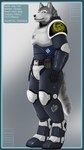 9:16 anthro armor canid canine canis clothed clothing confident dracoloup_co fur glowing green_eyes grey_body grey_fur greypolf grin hc_svnt_dracones hi_res hsd male mammal marsco science_fiction smile solo wolf wolfywetfurr_(artist)