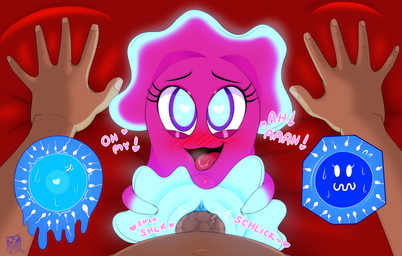 anthro blush bodily_fluids cum cum_in_vagina cum_inside duo female female_penetrated first_person_view genital_fluids genitals impregnation looking_at_viewer male male/female male_penetrating male_penetrating_female male_pov not_furry nude open_mouth ovum penetration penile penile_penetration penis penis_in_vagina pink_body sex simple_background smile sperm_cell text tongue tongue_out vaginal vaginal_penetration vulva makoto177 bandai_namco pac-man_(series) pac-man_and_the_ghostly_adventures pinky_(pac-man) ghost human mammal spirit hi_res