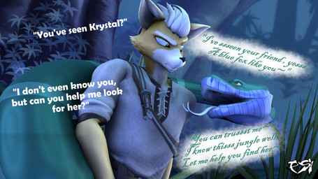 ambiguous_gender anthro clothed clothed_anthro clothed_male clothing dialogue duo forest forked_tongue fur green_body green_eyes hair jungle male multicolored_body multicolored_fur plant tan_hair text tongue tongue_out tree two_tone_body two_tone_fur white_body white_fur yellow_body yellow_fur psikokinetic warfaremachine_(modeler) nintendo star_fox the_jungle_book fox_mccloud kaa_(jungle_book) canid canine fox mammal python reptile scalie snake 2023 3d_(artwork) digital_media_(artwork) english_text hi_res source_filmmaker_(artwork) male_(lore)