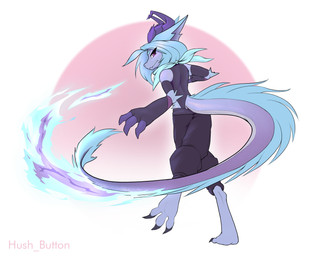 anthro blue_hair clothing female hair horn kerchief purple_body solo standing hush_button mythology dragon mythological_creature mythological_scalie scalie absurd_res character_request hi_res