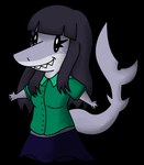 anthro black_eyes black_hair breasts clothing eyelashes female green_clothing hair long_hair puppet shark_tail shark_teeth simple_background smile transparent_background garavakarian cavemanon_studios snoot_game daniela_sanchez fan_character fish humanoid marine shark alpha_channel trans_(lore) trans_woman_(lore)