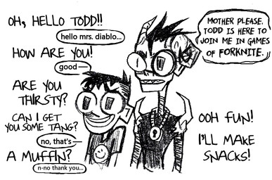2_horns adolescent aged_up clothed clothing dialogue duo greeting hair horn male not_furry offscreen_character open_mouth shirt simple_background smile t-shirt text title_parody toony topwear young devnny epic_games fortnite johnny_the_homicidal_maniac squee! pepito_diablo todd_casil demon demon_humanoid human humanoid mammal digital_media_(artwork) english_text sketch mother_(lore) mother_and_child_(lore) mother_and_son_(lore) parent_(lore) parent_and_child_(lore) parent_and_son_(lore) son_(lore)