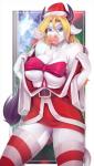 anthro breasts christmas_clothing christmas_headwear clothing female hat headgear headwear holidays horn legwear looking_at_viewer santa_hat smile solo standing thick_thighs thigh_highs knight_dd christmas lucinda_bullworth_jackson bovid bovine cattle mammal hi_res