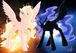 angry darkness duo feathered_wings feathers female feral fire horn moon princess royalty star sun wings silfoe friendship_is_magic hasbro my_little_pony mythology daybreaker_(mlp) nightmare_moon_(mlp) equid equine mammal mythological_creature mythological_equine winged_unicorn 2015 absurd_res hi_res