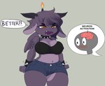 anthro big_breasts biped bottomwear breasts clothed clothing collar ear_piercing ear_ring female navel navel_piercing nipple_outline piercing ring_piercing shorts simple_background spiked_collar spikes thick_thighs wide_hips mr-shin neuron_activation bovid caprine demon goat mammal hi_res meme