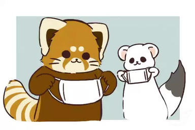 ambiguous_gender biped brown_body brown_fur chibi dot_eyes duo eyes_closed feral fur mask simple_eyes white_body white_fur shi_nominmin ailurid mammal mustelid musteline red_panda stoat true_musteline weasel 2020 3:2 animated no_sound short_playtime video