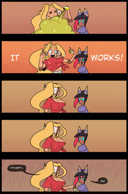 4_eyes :t >_< accessory big_breasts black_eyebrows black_hair blonde_eyebrows blonde_hair blue_eyes body_modification bottomwear breast_reduction breast_shrinking breasts cleavage clothed clothing cloud duo emanata eye_contact eyebrows eyelashes eyes_closed female full_heal_(pokemon) hair hair_accessory hair_bun highlights_(coloring) horn humor long_hair looking_aside looking_at_another looking_at_breasts looking_at_own_breasts looking_at_self midriff multi_eye not_furry open_mouth pants purple_clothing purple_sweater purple_topwear raised_arm raised_eyebrows red_clothing red_highlights red_shirt red_topwear relieved shirt sparkles speech_bubble spray_bottle sweater talking_to_another tanned_skin teeth_showing text toony_expression topwear tsk using_medicine white_bottomwear white_clothing white_pants wide_eyed cuchuflin nintendo pokemon andre_(cuchuflin) romi_(cuchuflin) animal_humanoid ariados generation_2_pokemon human humanoid mammal pokemon_(species) absurd_res comic digital_media_(artwork) english_text hi_res male_(lore)
