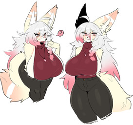 anthro arm_tuft arm_under_breasts big_breasts big_ears braided_hair breast_tuft breasts cleavage clothed clothing elbow_tuft eyewear female fully_clothed fur glasses grin hair hand_behind_back huge_breasts jewelry long_hair looking_at_viewer mole_under_eye multicolored_hair necklace pink_eyes pink_hair question_mark shoulder_tuft side_boob small_waist smile solo speech_bubble standing tail teeth thick_thighs tight_clothing tuft two_tone_hair wearing_glasses white_body white_fur white_hair wide_hips yellow_body yellow_fur shiyaa_stuff tori_(nastycalamari) canid canine fennec_fox fox mammal true_fox 2025 absurd_res hi_res