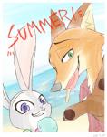 ambiguous_gender anthro beach blush claws clothed clothing dessert duo food fur green_eyes grey_body grey_fur grin holding_food holding_object ice_cream inner_ear_fluff orange_body orange_fur outside pawpads pawpsicle popsicle sand sea seaside shirt sky smile text topwear tuft water srfkkk disney zootopia judy_hopps nick_wilde canid canine fox lagomorph leporid mammal rabbit red_fox true_fox 2016 absurd_res english_text hi_res