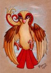 2018 ambiguous_gender avian_feet beak bloominglynx brown_body brown_feathers claws feathers feral front_view generation_1_pokemon glistening glistening_eyes hi_res nintendo pidgeot pokemon pokemon_(species) red_beak red_body red_eyes red_feathers signature simple_background solo tail tail_feathers tan_body tan_feathers traditional_media_(artwork) white_claws