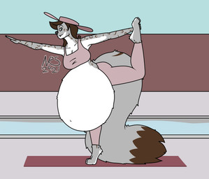 ambiguous_gender anthro belly big_belly big_breasts bottomwear breasts clothed clothing female fur looking_at_viewer pants solo vore yoga yoga_mat yoga_pants navaras janice_(navaras) felid feline leopard mammal pantherine snow_leopard 2021 digital_drawing_(artwork) digital_media_(artwork) hi_res signature